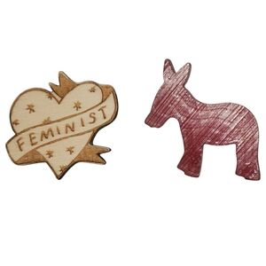 Wood heart with feminist banner & vintage red democrat donkey brooches